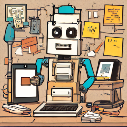 A cheerful robot at a cluttered intern desk, wearing a lanyard badge