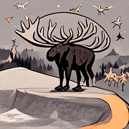 A cartoon bull moose stuck at the bottom of a concrete skate park halfpipe while a crowd peers over the rim
