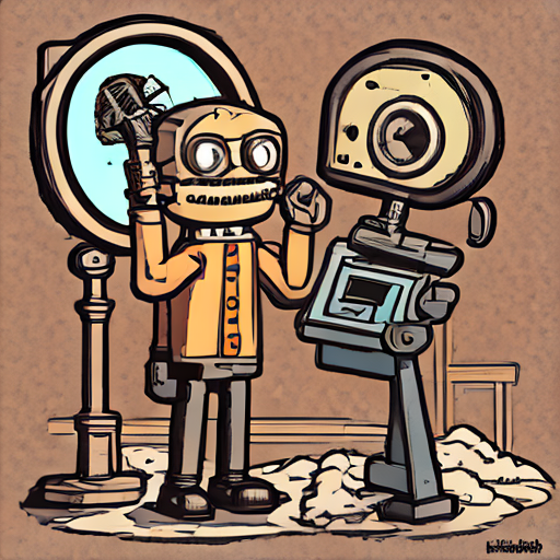A cartoon robot holding up a magnifying glass to its own mugshot, caught red-handed by its own invention
